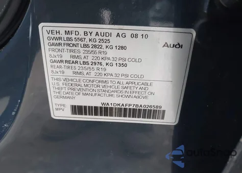 2011 Audi Q5 3.2 Premium Plus из США, поврежденный, VIN WA1DKAFP7BA026589